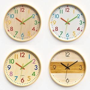 Round Wall Clock Silent Quartz Movement Wood Grain Texture Glass Cover Modern Home Decor Classroom Bedroom Office