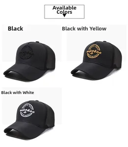 Close-up of embroidered baseball caps with breathable mesh back in various colors