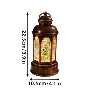 Vintage bronze Christmas lantern with lighted snow globe, tree and sequins, 22.5cm height