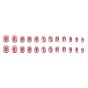 Short square press-on nails with pink gradient, blue French tips and camellia floral art