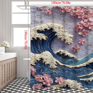 Detailed view of 3D embossed wave and cherry blossom shower curtain in bathroom