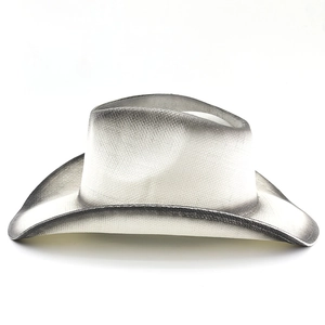 Close-up of woven texture on western cowboy hat with silver gradient rolled brim