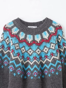 Detailed view of the crew neck and Fair Isle jacquard pattern on a gray knit sweater