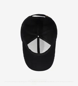 Internal view of black corduroy baseball cap showing sweatband and metal buckle