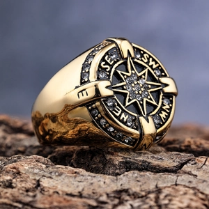 Gold stainless steel nautical compass ring with sparkling crystals on tree bark