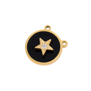 Détail d'un pendentif étoile dorée avec émail noir et double anneaux de reliure