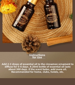 Close-up of essential oil bottle with cinnamon sticks and pine cones on a woven mat