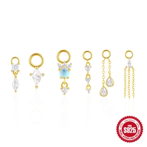 S925 sterling silver geometric earring charms with zircons and blue gems in gold finish