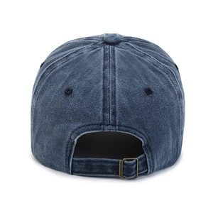 Rear view of vintage washed navy denim baseball cap with adjustable copper metal buckle