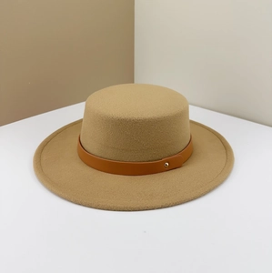 Flat top camel wool fedora hat with a brown leather belt buckle strap decoration