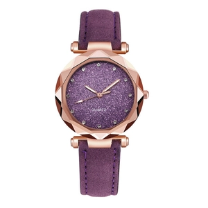 Starry sky women's watch with purple frosted leather strap and diamond markers