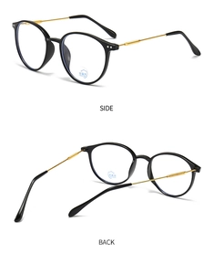 Detail view showing side and back of round blue light blocking glasses with gold metal arms