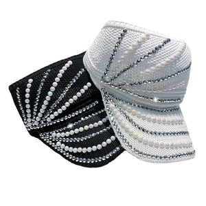 Damen Strick Visor Hut Mit Strasssteinen Und Künstliche Perlen Sonnenschutz Sommer Atmungsaktiv Elegant Leer Top Kappe