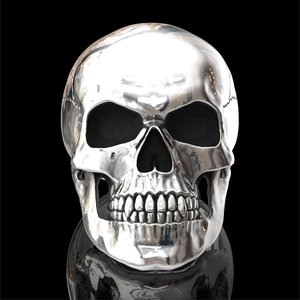 Polished silver punk skull ring for men in mirror-finish stainless steel on black background
