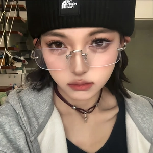 Y2K rimless square blue light glasses worn by a model for a stylish streetwear aesthetic