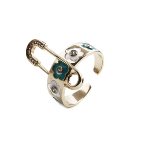 Bague épingle de nourrice marguerite en cuivre doré avec émail blanc et vert