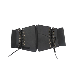 Women's vintage wide elastic waist belt with lace-up eyelets and front zipper closure