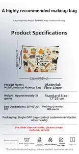 Detail view of cat print linen cosmetic bag with 17x25cm size and 33g weight specs