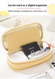 Detail view of the multi-compartment canvas pencil case showing internal storage and mesh pocket
