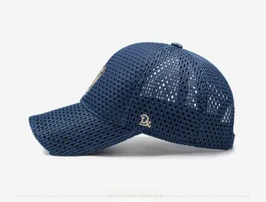 Detail view of breathable navy blue mesh baseball cap with side embroidery for outdoor wear
