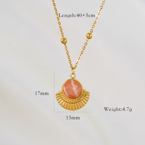 Detail view of gold fan pendant necklace with pink sunstone and 40+5cm chain dimensions