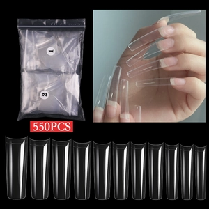 Macro display of 550 pieces transparent long coffin shaped artificial nail tips in 11 sizes