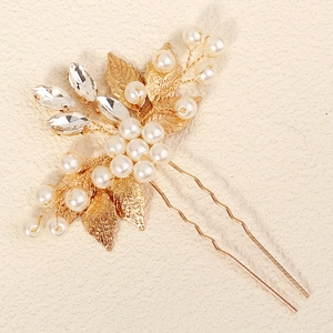Vintage golden U-shaped hair pin with pearls, rhinestones and delicate metal leaves