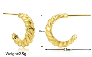 Detail showing gold twisted C-shape hoop earrings with S925 hallmark and 22mm dimensions