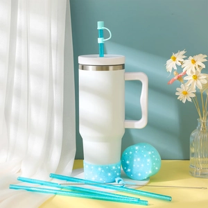 Detailed white and blue glitter straw cover set with protective silicone boot and cleaning brush
