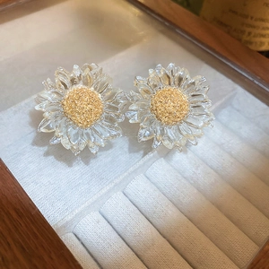 Close-up of transparent flower earrings with golden core details on jewelry box