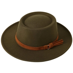 Detail of olive green fedora hat with brown faux suede band and metallic buckle accent