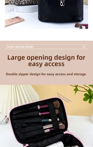 Detail view of large opening design cosmetic bag with dual zippers and brush slots