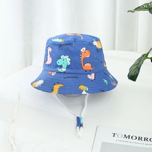 Kids navy blue sun hat with dinosaur cartoon prints and adjustable chin strap
