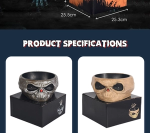 Halloween electric skull fruit bowl specifications in silver and beige with size details