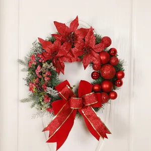 Christmas Wreath With Red Balls Berries Poinsettia Flowers LED Lights Artificial Pine Needle Front Door Hanging Decoration