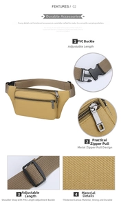 Detail view of khaki canvas waist bag featuring metal zippers and adjustable PVC buckle strap