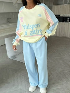 Retro American contrast letter print crewneck sweatshirt and lounge pants set