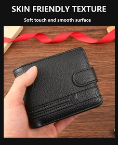 Detail of black PU leather wallet with skin-friendly texture and professional stitching