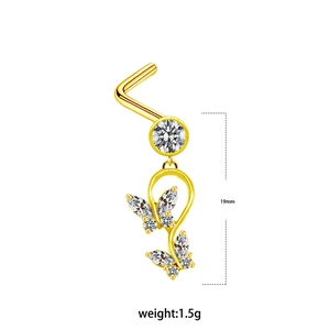 Piercing de nez en forme de L doré avec pendentif papillon en zircone et 19mm de long