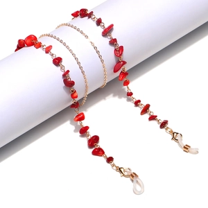 Fashionable red natural stone chain for glasses and face masks with gold-plated lobster clasps