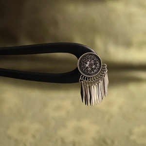 Handmade ebony wood U-shaped hair stick with silver floral ornament and long tassels