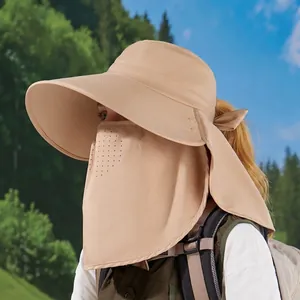 Women outdoor sun hat with wide brim, face mask and neck flap for UV protection