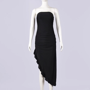 Detailed view of black off-shoulder bodycon dress with side ruching and ruffled hemline