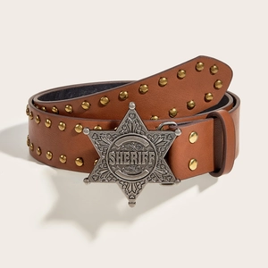Close-up of brown punk belt with silver sheriff star buckle and gold studs detail