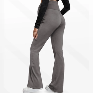 Side-back view of grey high-waist flared maternity yoga pants with a slim fit design