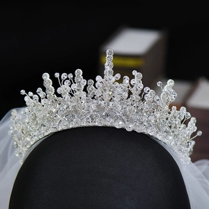 Detail of silver bridal crown with sparkling crystals and white veil on model