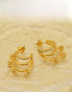 Détails de boucles d'oreilles en acier inoxydable doré 18k à triple couche avec zircon