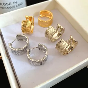 18K gold plated wide hoop earrings with textured bark pattern in three colors