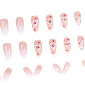 French bow floral almond press-on nails with 24 pieces of sweet pink false nails