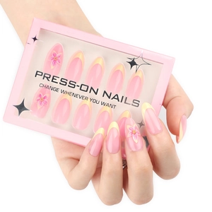 Faux ongles 3D avec pointes françaises jaunes et motifs floraux pour femmes